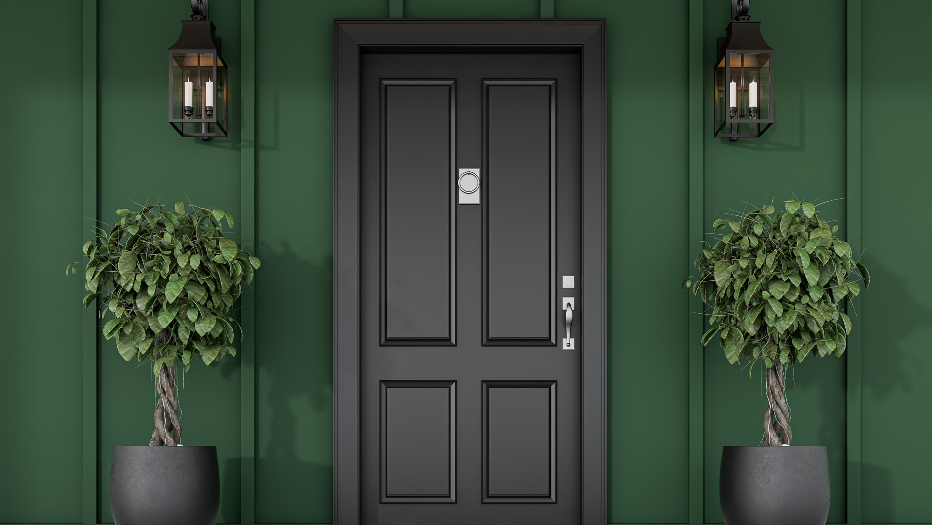 Green house with black door